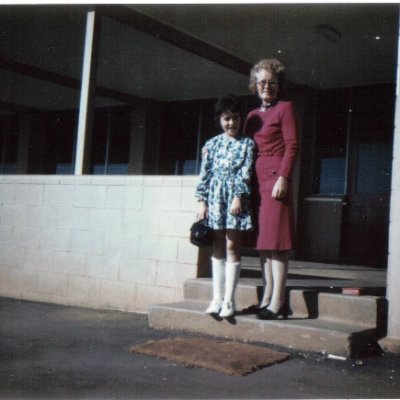 EV and Joan on the steps at Our Lady of the Angels