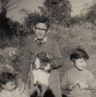 Paul in School Uniform with Joan Brenda and Chippy the Cat